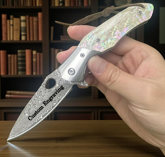 Tan Abalone Handle Engraved Damascus Pocket Knife