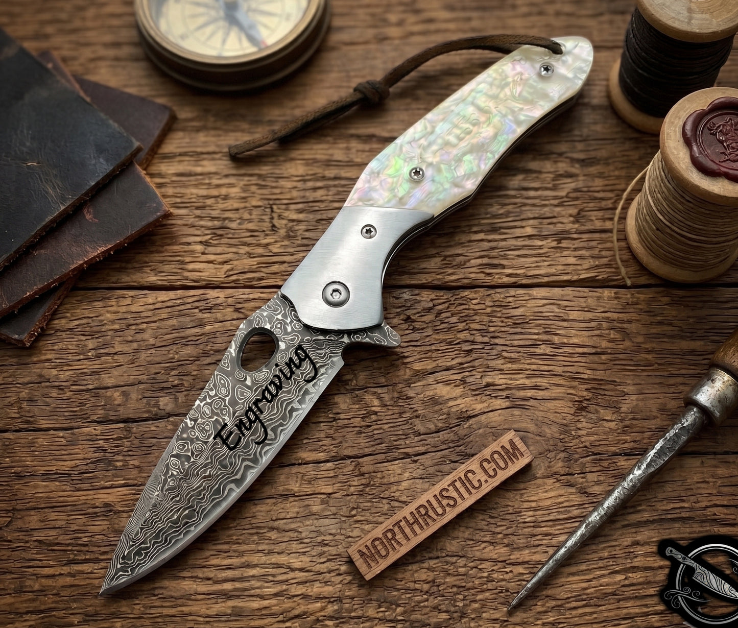Tan Abalone Handle Engraved Damascus Pocket Knife