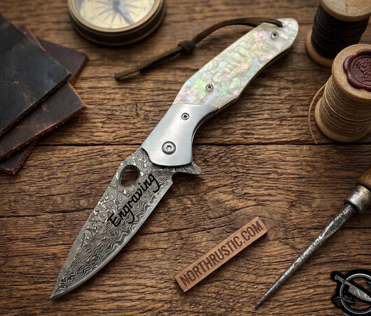 Tan Abalone Handle Engraved Damascus Pocket Knife