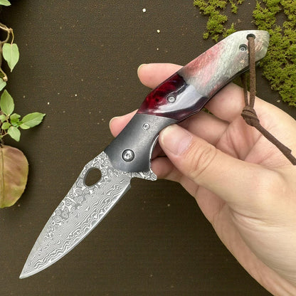 Walnut Wood & Resin Handle Engraved Damascus Pocket Knife