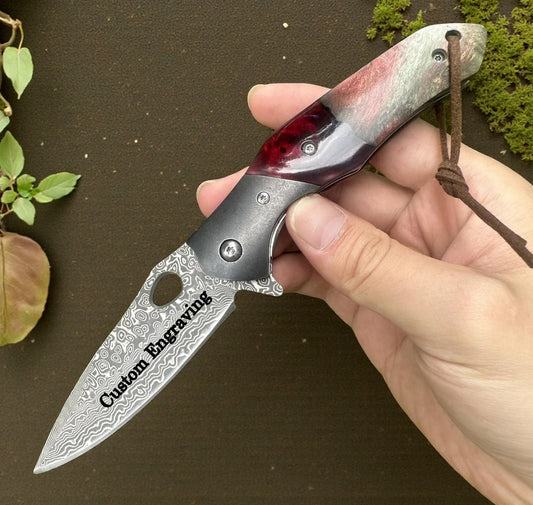 Walnut Wood & Resin Handle Engraved Damascus Pocket Knife