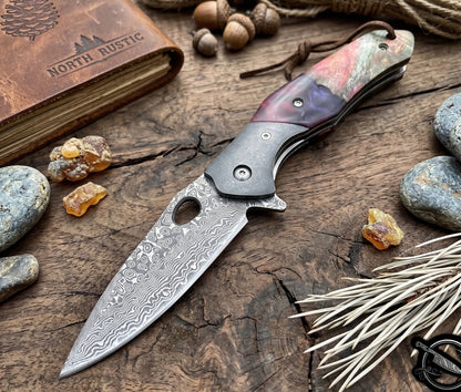 Walnut Wood & Resin Handle Engraved Damascus Pocket Knife
