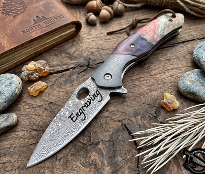Walnut Wood & Resin Handle Engraved Damascus Pocket Knife
