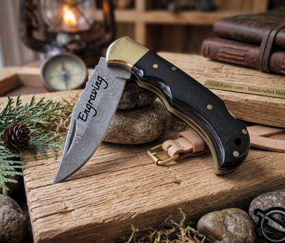 Damascus 6.5" Blade Folding Knife Bull Horn Handle