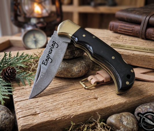Damascus 6.5" Blade Folding Knife Bull Horn Handle