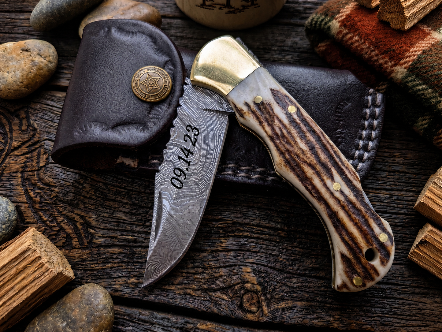 Engraved Damascus Folding Pocket Knife | Deer Antler Handle