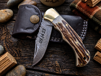 Engraved Damascus Folding Pocket Knife | Deer Antler Handle