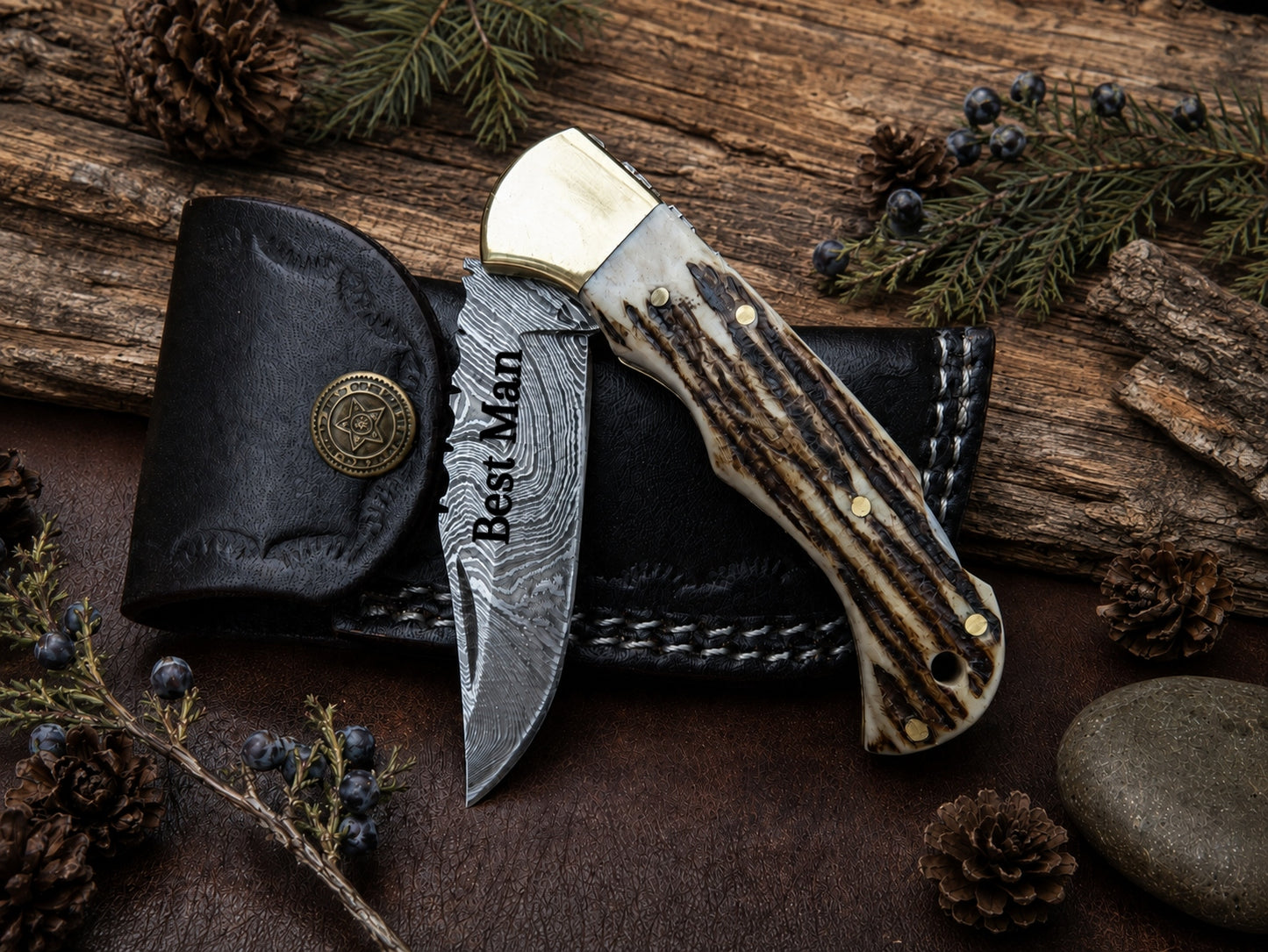 Engraved Damascus Folding Pocket Knife | Deer Antler Handle