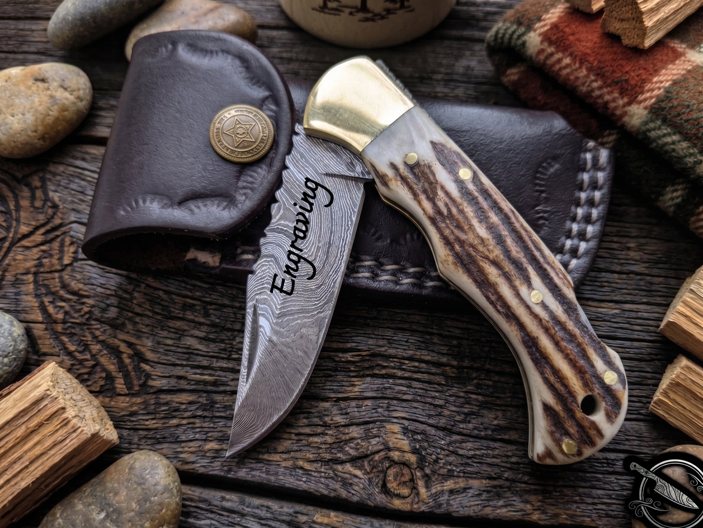 Deer Antler Handle 6.5" Damascus Pocket Knife