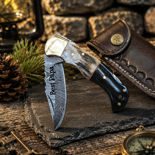 Engraved Damascus Folding Pocket Knife | Deer Antler and Bull Horn Handle