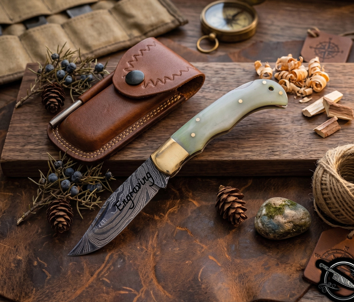 Damascus Folding Knife Buffalo Bone Handle