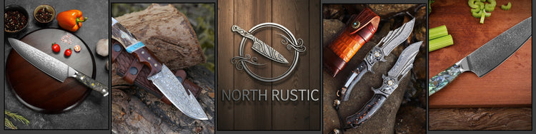North Rustic | Engraved Damascus Knives – Pocket, Chef & Hunting