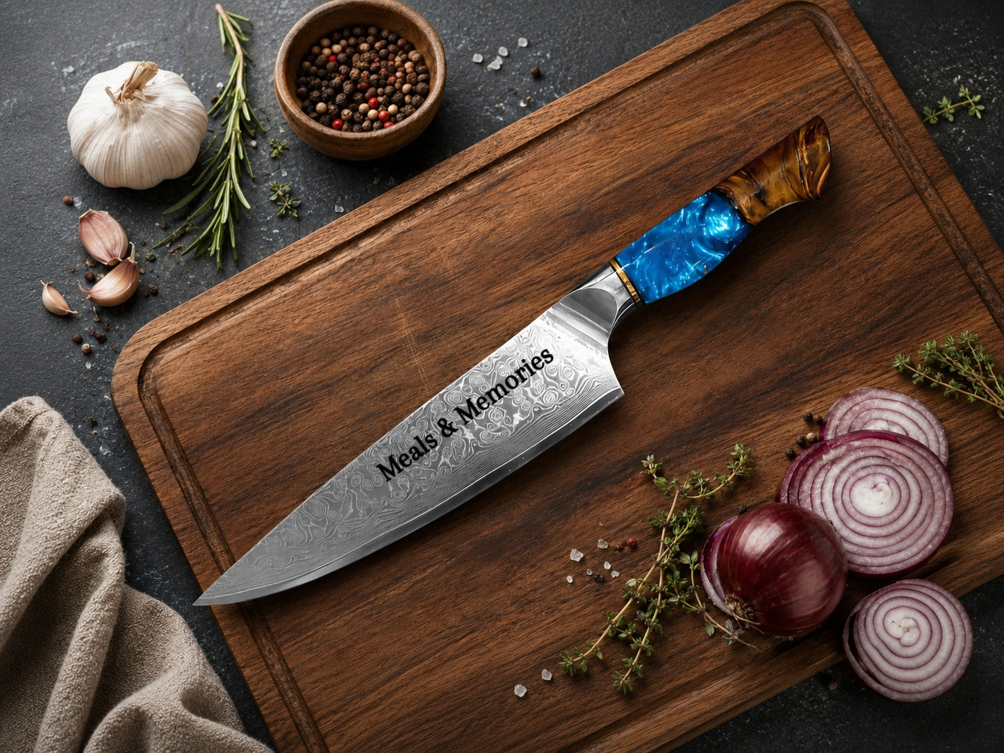 Damascus Chef Knife 8 Inch Blue Resin & Wood Handle