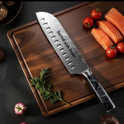 7 Inch Santoku Chef Knife with Black Resin Handle