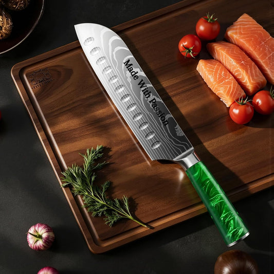 7 Inch Santoku Chef Knife with Green Resin Handle