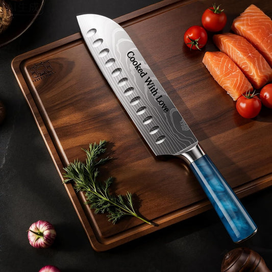 7 Inch Santoku Chef Knife with Blue Resin Handle