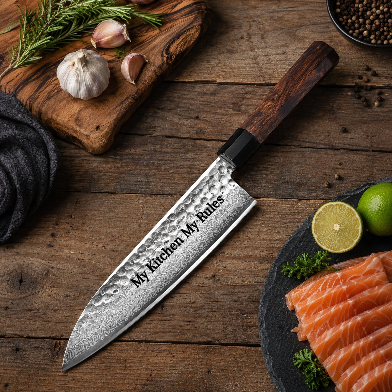 8.27 Inch Damascus Chef Kitchen Knife 13.4 Inch Ebony & Rosewood Handle