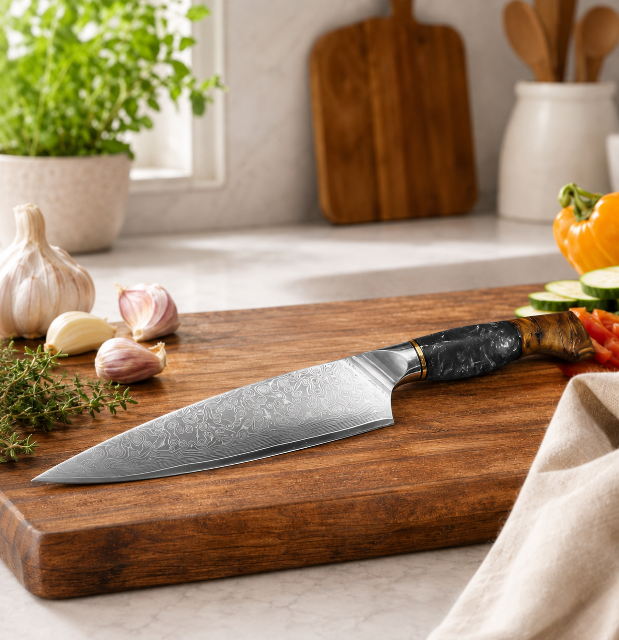 8" Damascus Kitchen Chef Knife Ergonomic Wood & Black Resin Handle
