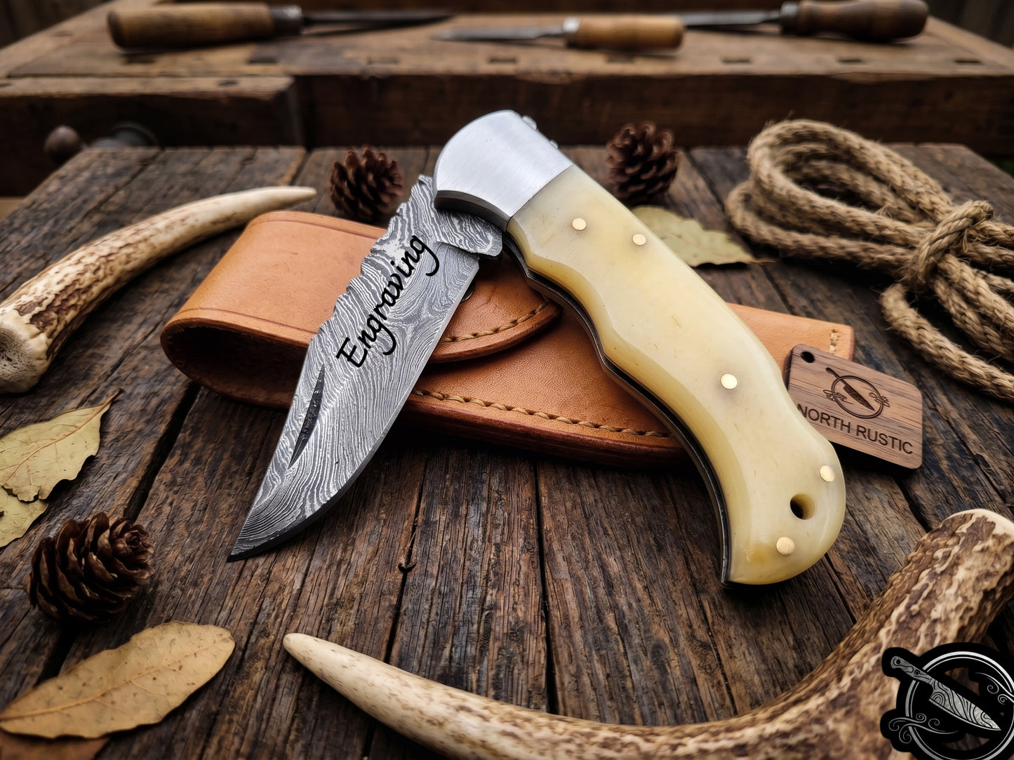 Damascus Folding Knife Bone Handle 3" Blade