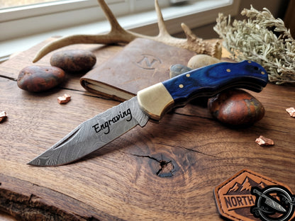 Damascus Folding Knife Blue Pakka Wood Handle
