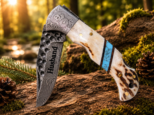 Engraved Damascus Folding Pocket Knife - Deer Antler Handle