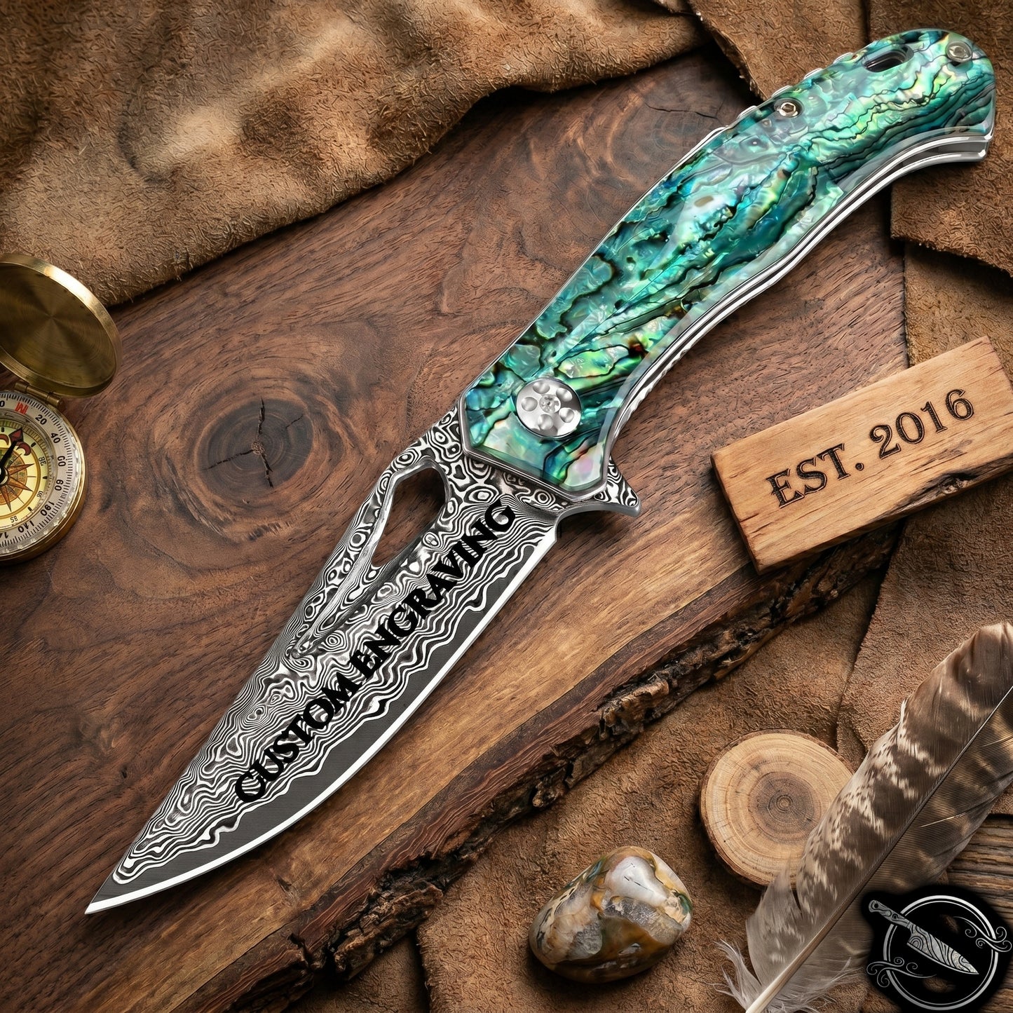 Abalone 3" Damascus Blade Folding Knife