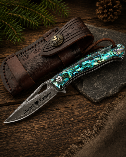 Engraved Damascus Blade Abalone Folding Knife