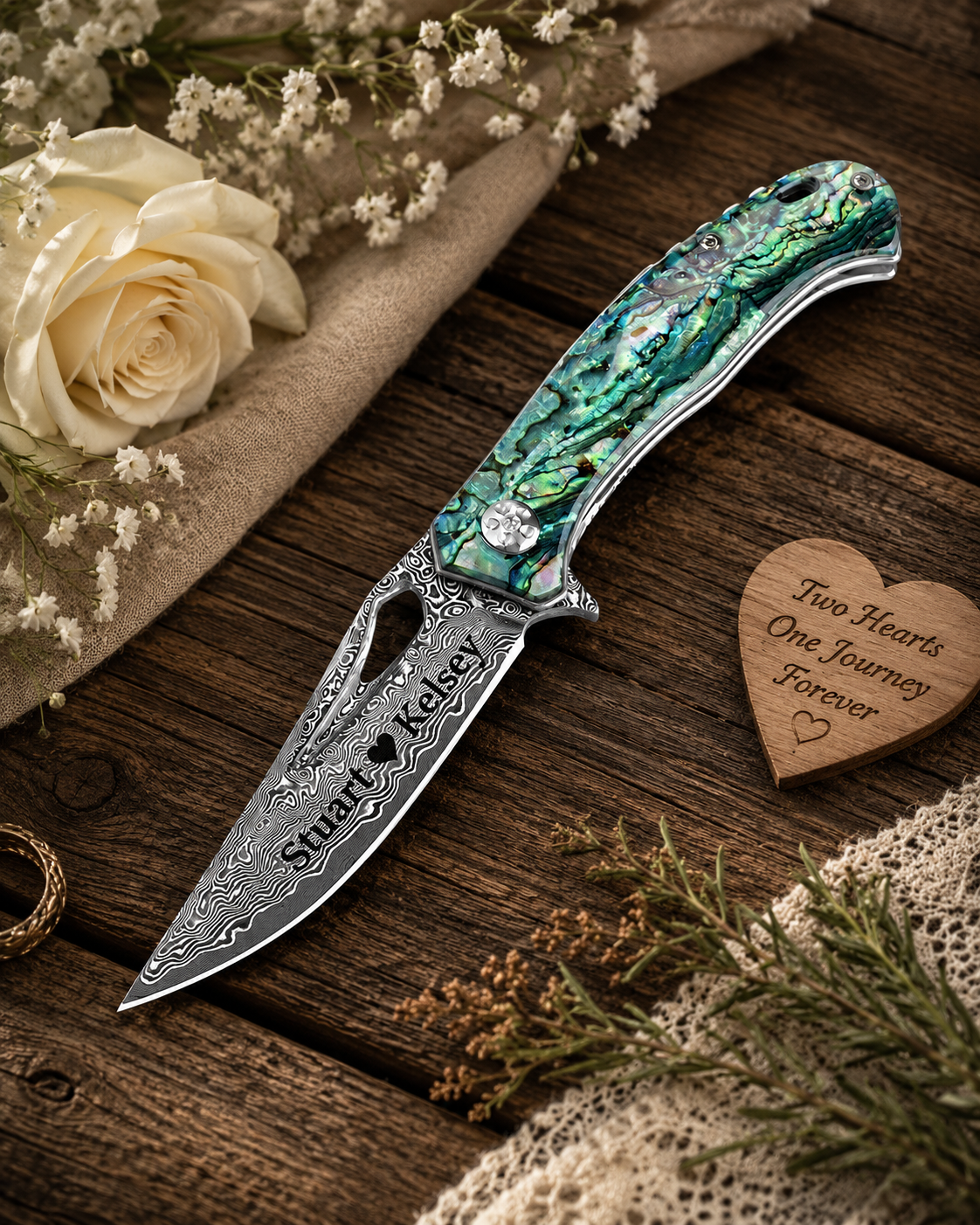 Engraved Damascus Blade Abalone Folding Knife