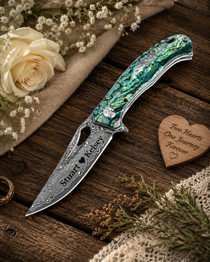 Engraved Damascus Blade Abalone Folding Knife