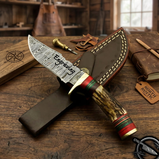 Engraved Damascus Antler Handle Deer Horn
