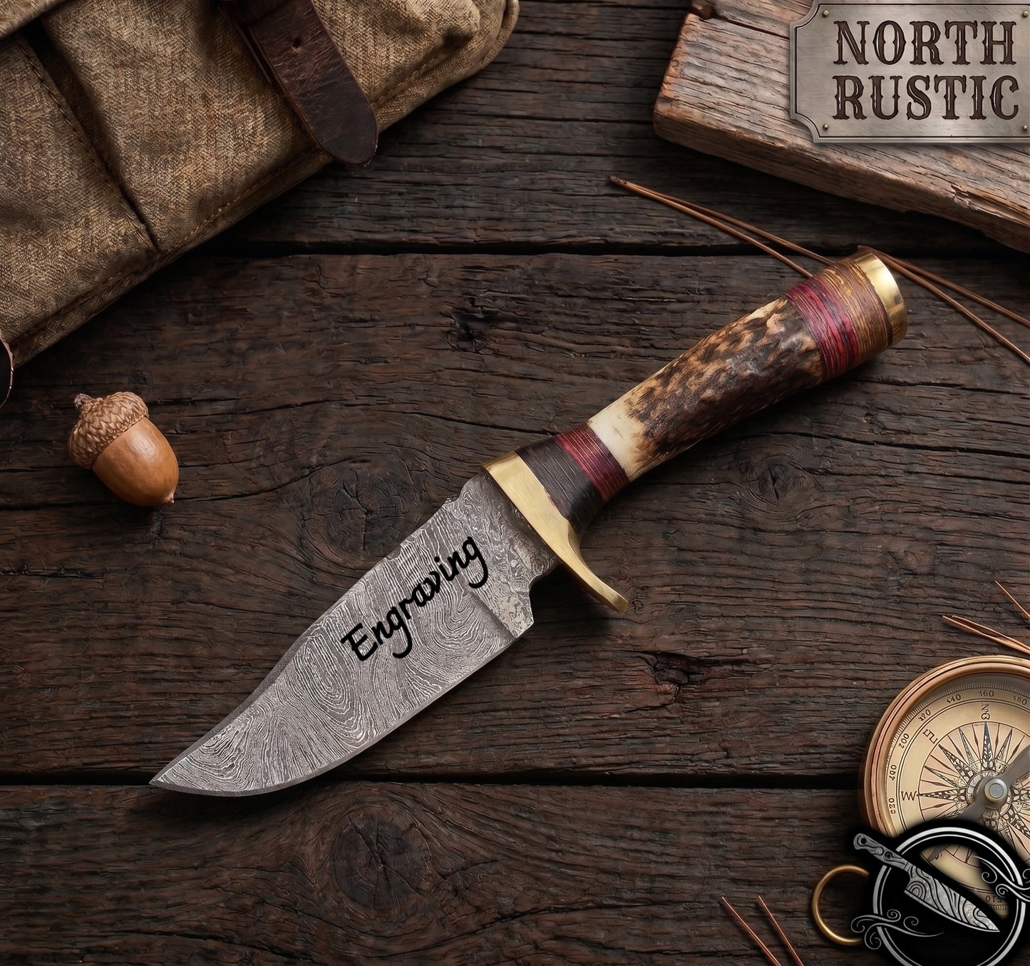 Engraved Damascus Small Hunting Knife Deer Antler Horn Handle