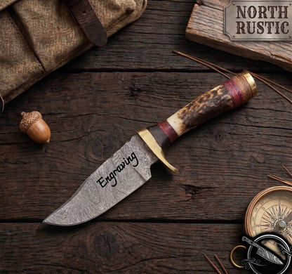 Engraved Damascus Small Hunting Knife Deer Antler Horn Handle