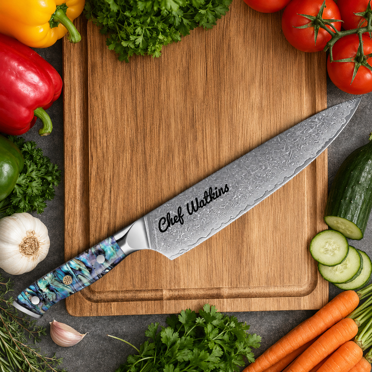 Engraved 8" Damascus VG10 Chef Knife Abalone Shell Handle