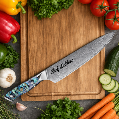 Engraved 8" Damascus VG10 Chef Knife Abalone Shell Handle