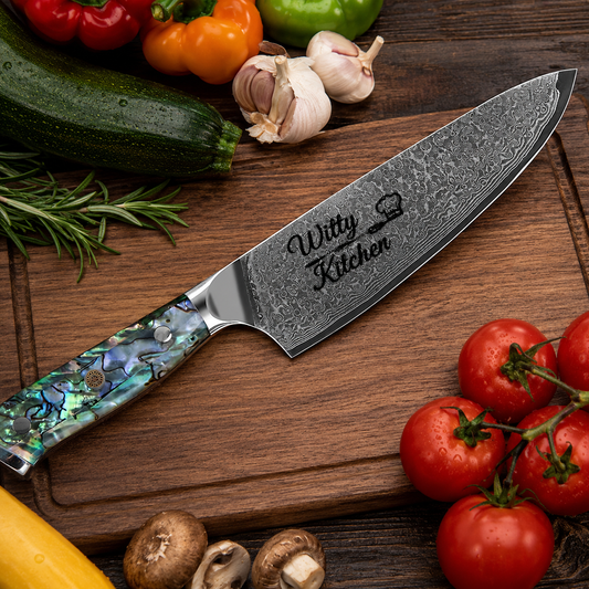 Engraved 8" Damascus VG10 Chef Knife Abalone Shell Handle