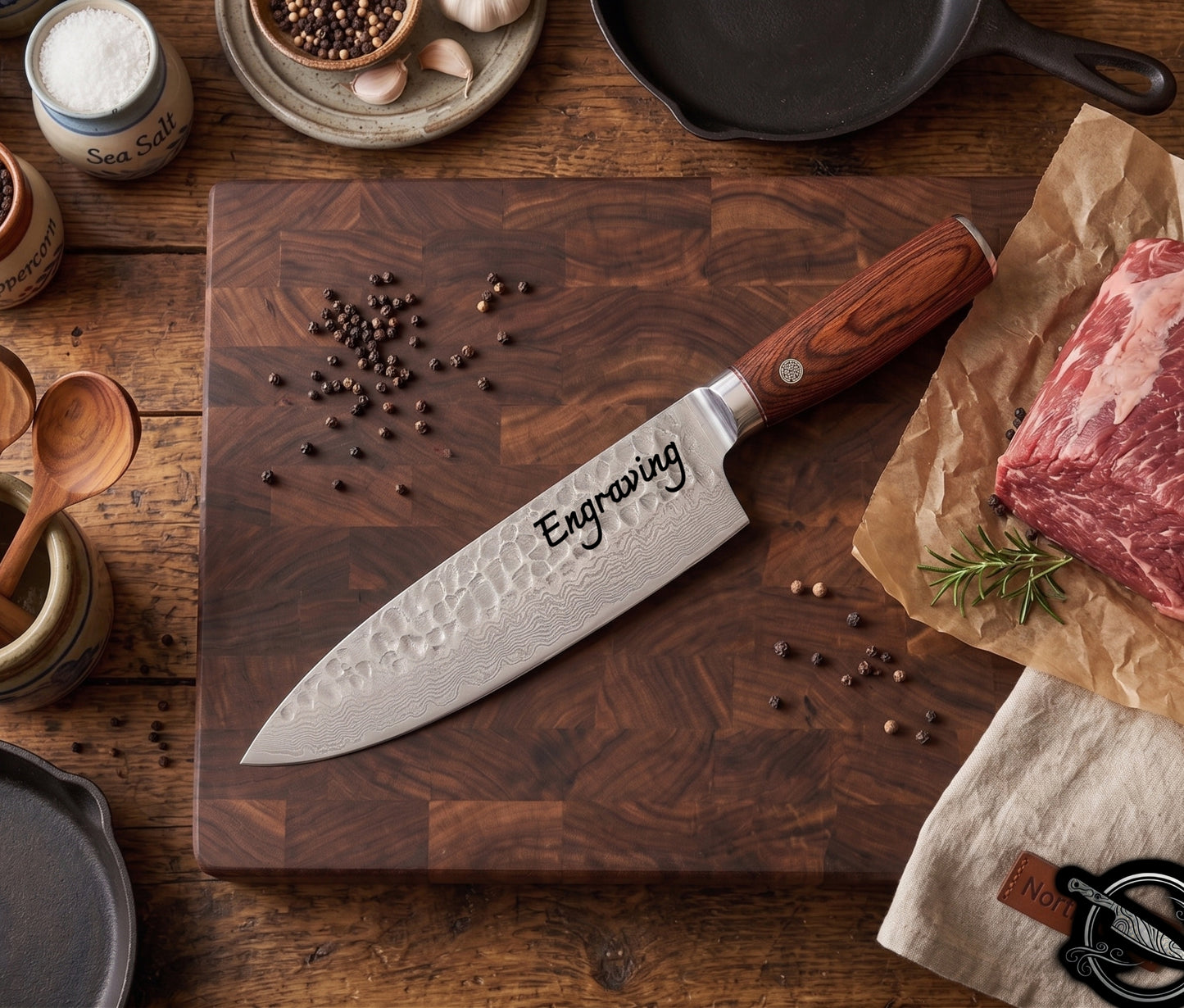 Damascus Chef Knife 8" - Rosewood Handle