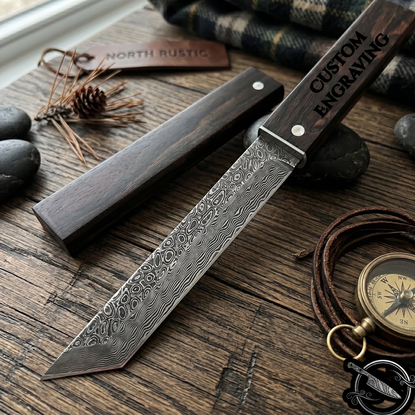 Engraved VG10 Damascus Hunting Knife, Ebony Wood Handle, Personalized Fixed Blade Knife, Personal Engraving Gift Custom Father Dad VE03