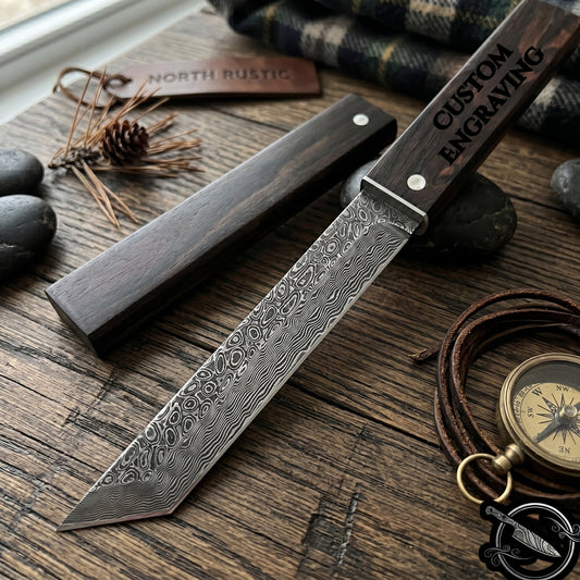 Engraved VG10 Damascus Hunting Knife, Ebony Wood Handle, Personalized Fixed Blade Knife, Personal Engraving Gift Custom Father Dad VE03