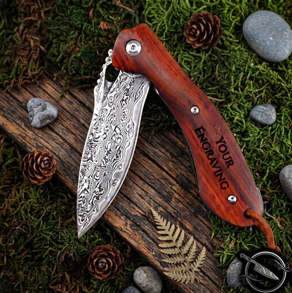 Rosewood Handle Damascus Pocket Knife