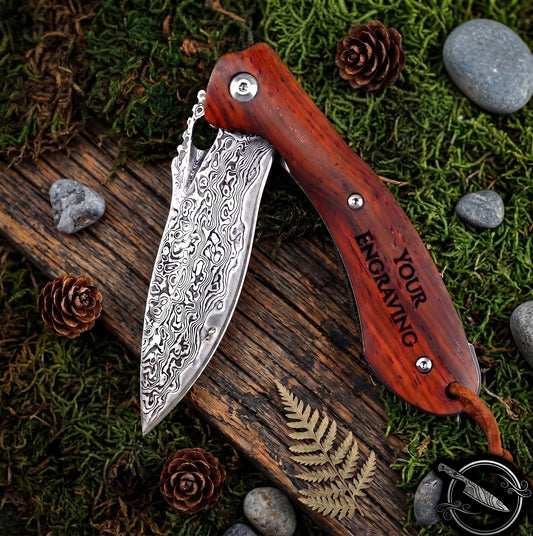 Rosewood Handle Damascus Pocket Knife