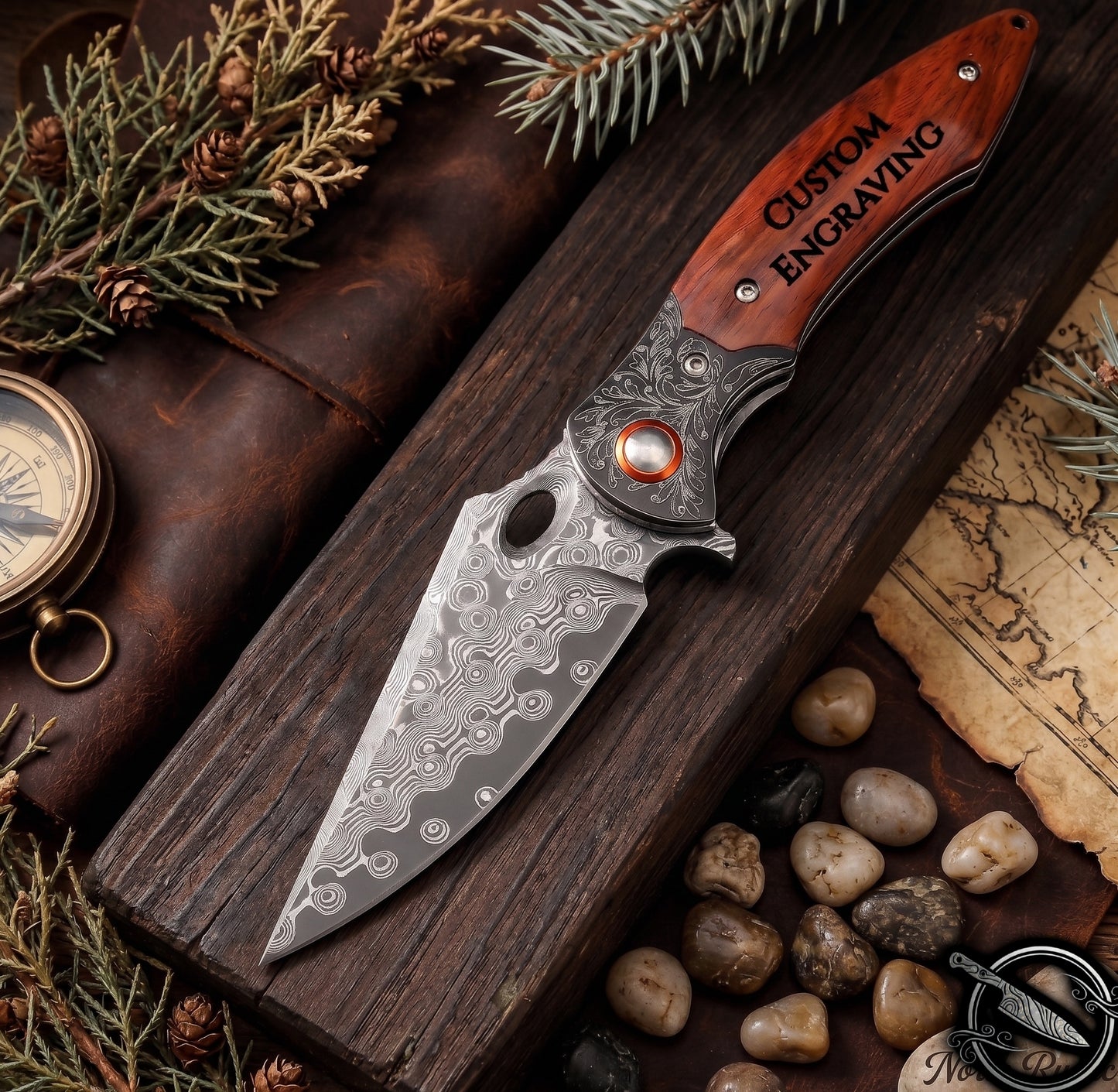 Damascus Folding Knife Rosewood Handle 3.27" Blade