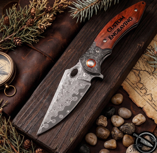 Damascus Folding Knife Rosewood Handle 3.27" Blade
