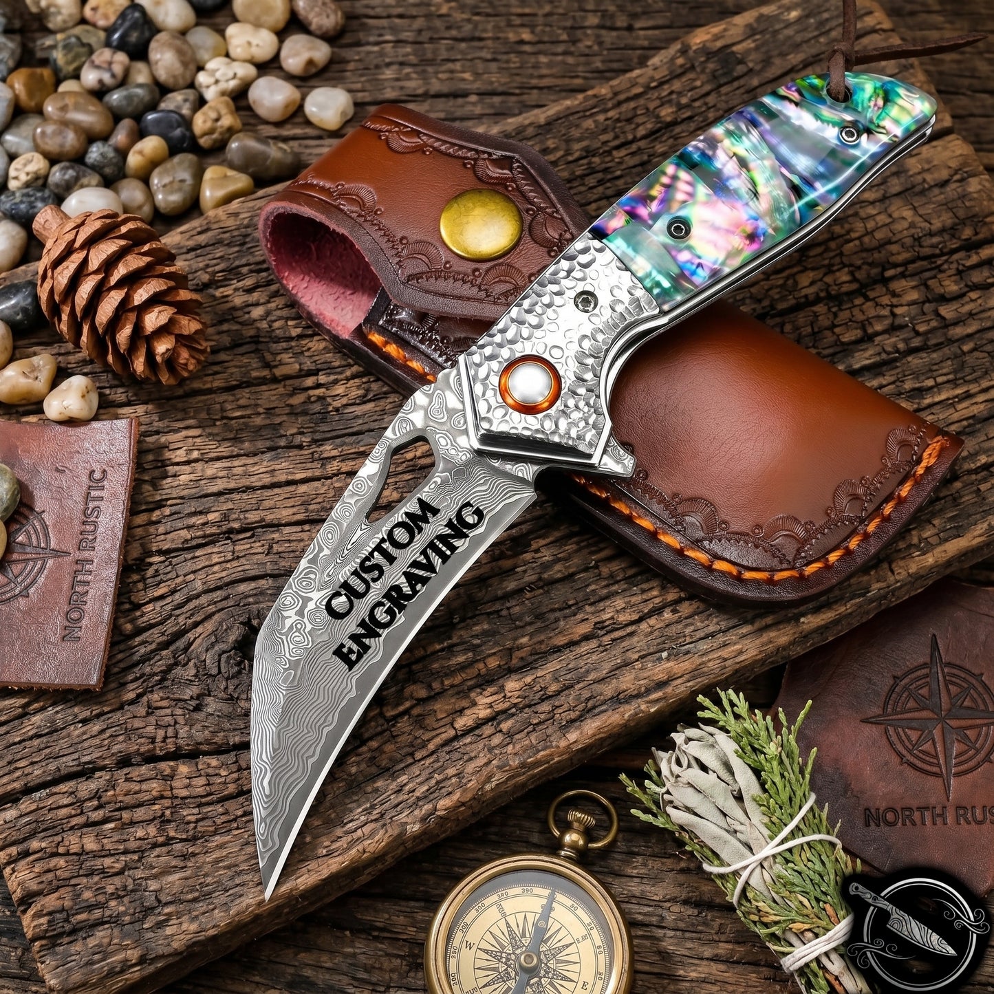 Engraved VG10 Damascus Folding Knife, Personalized Pocket Knife, Abalone Shell Handle Knife, Wedding Anniversary Father Husband Gift | VP108