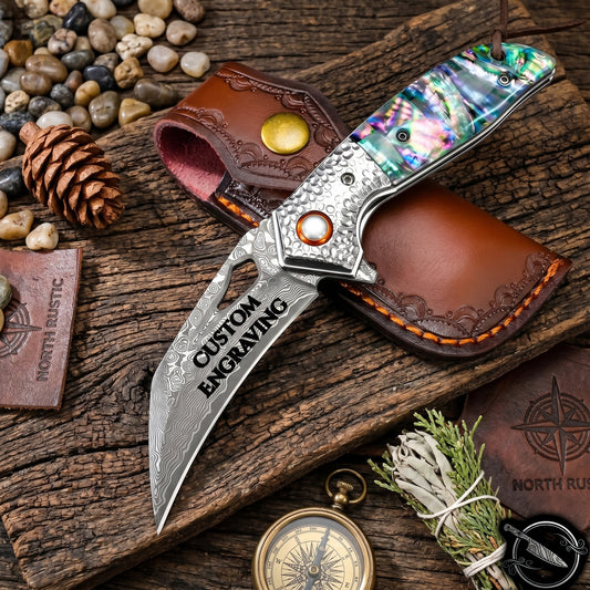 Engraved VG10 Damascus Folding Knife, Personalized Pocket Knife, Abalone Shell Handle Knife, Wedding Anniversary Father Husband Gift | VP108