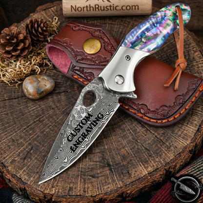 Abalone Handle 7.28" Damascus Folding Knife