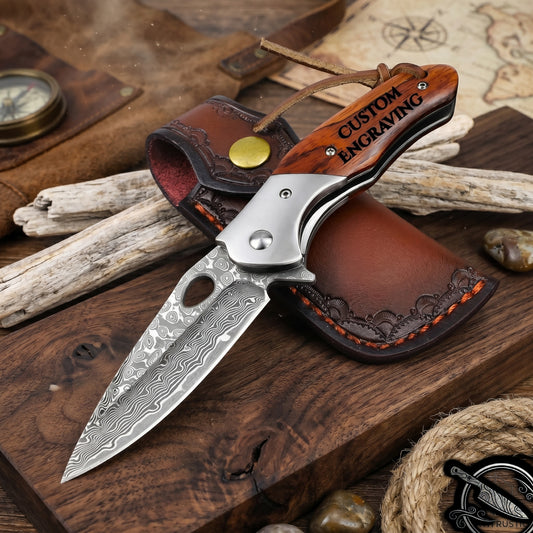 Rosewood Handle 7.28" Damascus Folding Knife