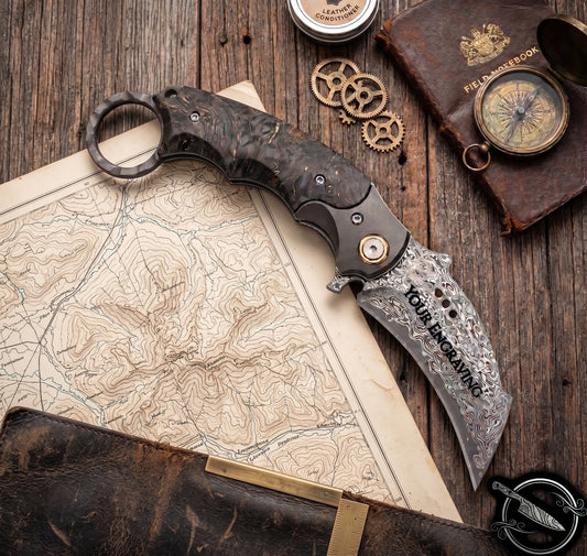Damascus Karambit Folding Knife Stablizied Wood Handle