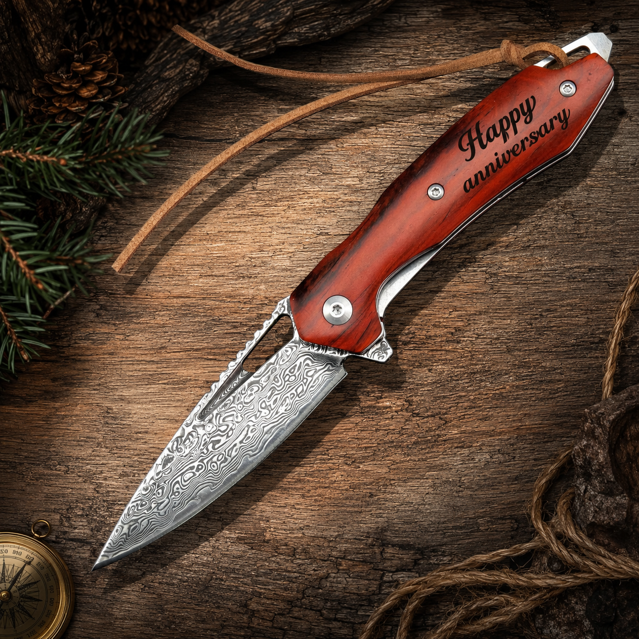 Damascus Folding Pocket Knife Rose Wood Handle