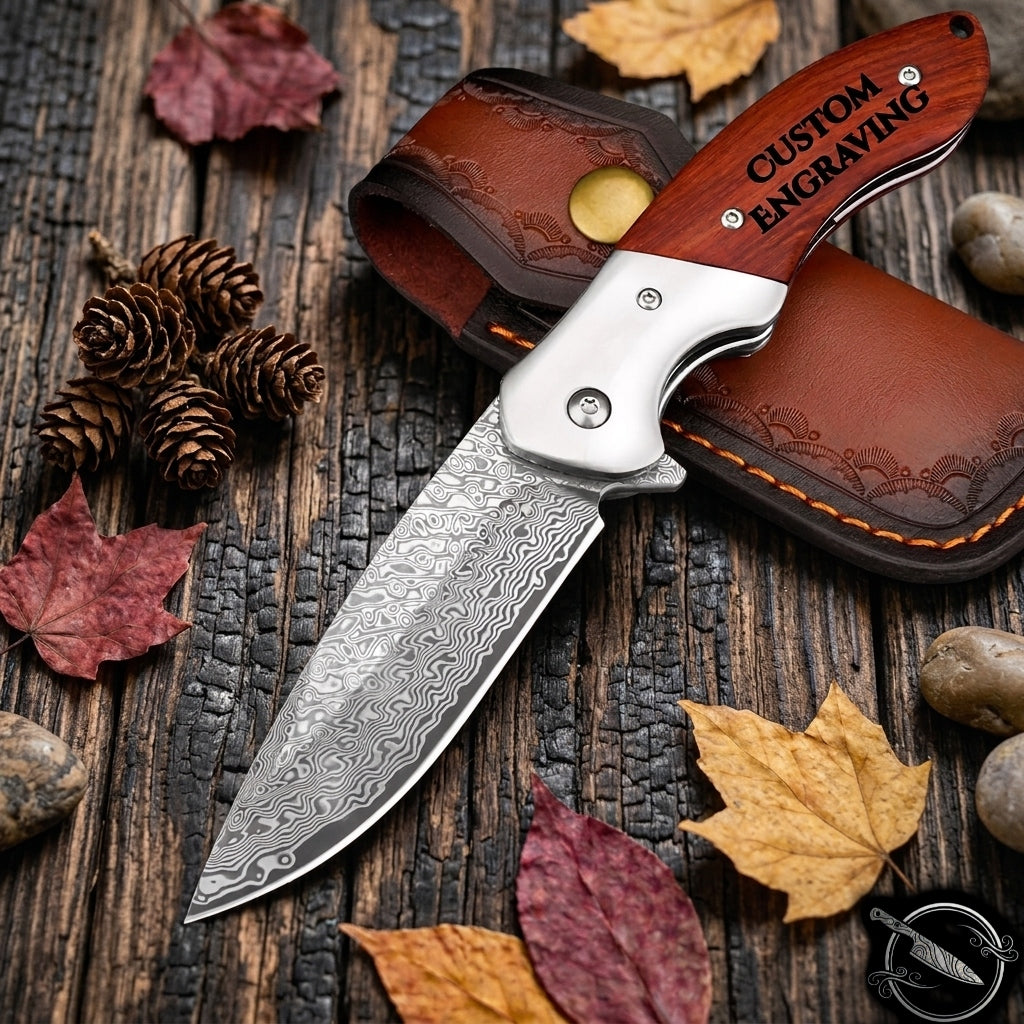 Rose Wood Handle Damascus Pocket Knife