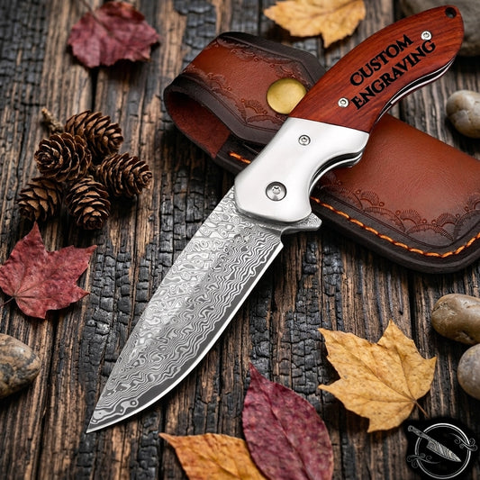 Rose Wood Handle Damascus Pocket Knife